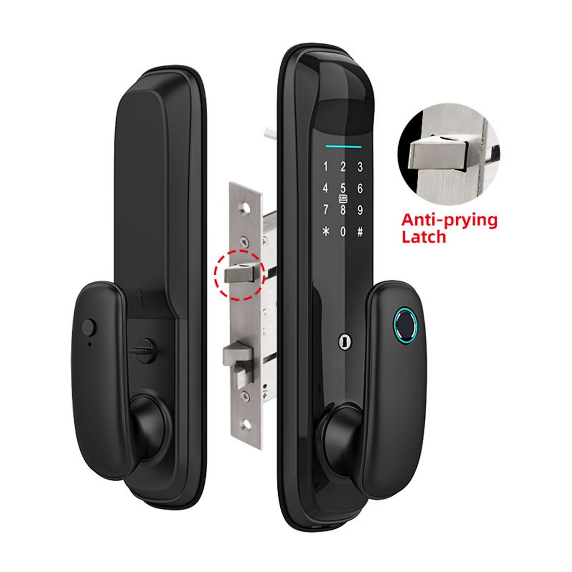 BlackTeck Automatic Indoor Smart Lock — Anti-Prying Latch, 8 Language Voice, Fingerprint Recognition, Black, Model# N2-H6180